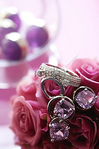 粉色钻石背景图片_一套粉色钻石戒指的紫色玻璃花瓶，里面装满了鲜花