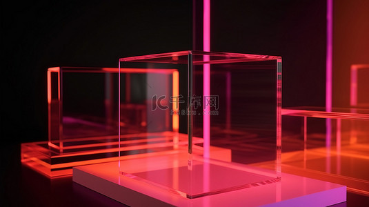 霓虹橙色和粉色透明亚克力板重叠在工作室拍摄的 3D 渲染中