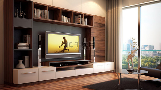 适用于现代家庭和办公室的时尚电视机的当代设计 3D 渲染