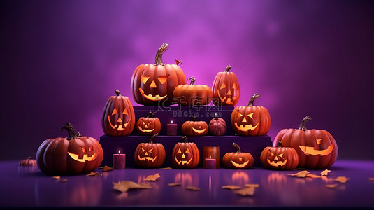 紫色背景中的怪异万圣节讲台和南瓜展示 3D 传统十月庆祝活动