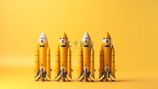3D 渲染火箭模型集合在充满活力的黄色背景上升空