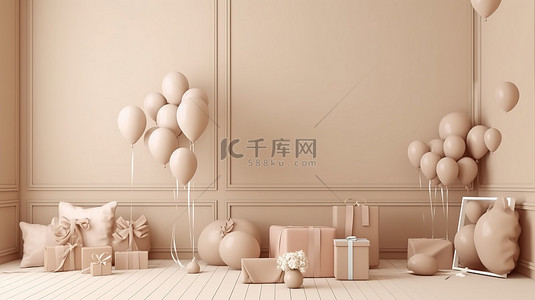 心形气球礼物和框架装饰米色内饰，用于情人节 3D 渲染插图