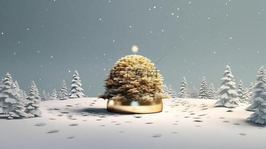 金雪背景图片_节日圣诞树装饰，带有空白空间，用于文本 3D 视觉渲染