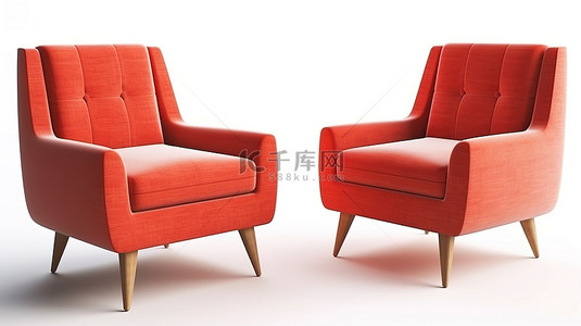 3D 可视化白色背景中的当代红色扶手椅，配有时尚的木腿