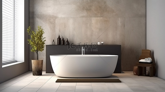 陶瓷背景背景图片_豪华浴室设计，配有瓷砖地板和花岗岩墙砖，配有浴缸 3D 渲染