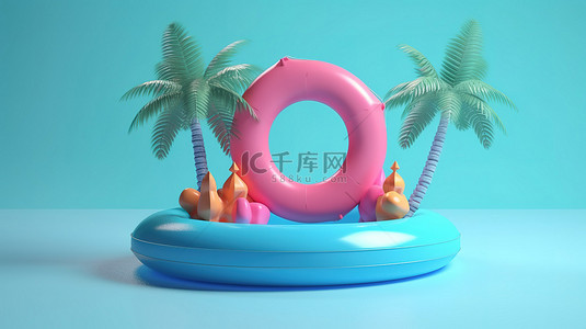 彩色旅行背景图片_充满活力的夏季逃生 3D 渲染展示，带有彩色讲台和蓝色最小背景上的浮动泳池环