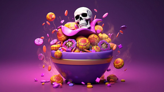 恐怖的骨头背景图片_幽灵般的庆祝活动 3D 渲染女巫的大锅帽子骨头头骨和五颜六色的糖果和糖果漂浮在万圣节的紫色背景上