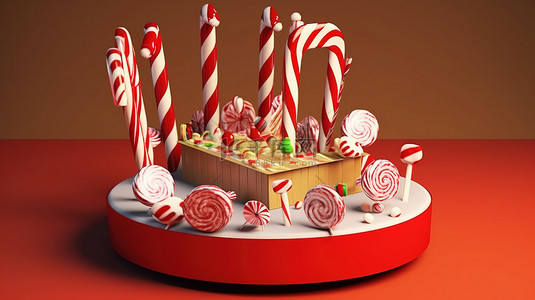 圣诞糖果拐杖背景图片_装满糖果的 3d 讲台上装饰着棒棒糖和拐杖糖