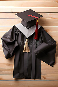 木质表面上的毕业帽和长袍