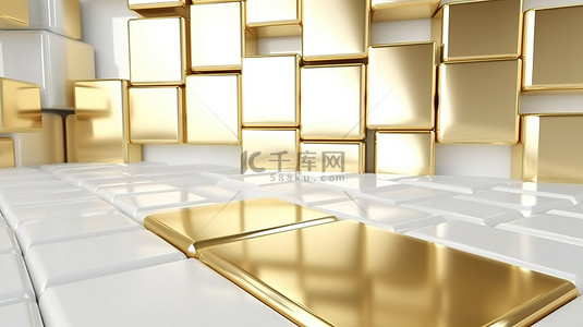 投资金色背景图片_白色和金色空间主题背景模板的 3D 渲染插图