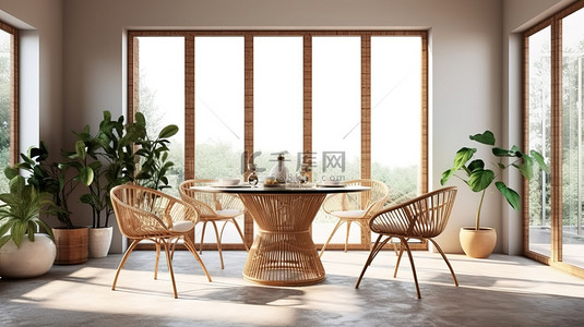 房间玻璃背景图片_时尚的早餐区配有藤制家具和 3D 制作的玻璃桌