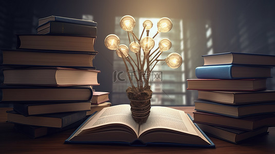 读书器背景图片_一棵 3D 灯泡树从一堆书籍中发芽，象征着职业进步和知识获取