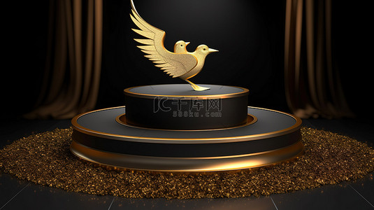 带有 Twitter 徽标的精致黑色和金色讲台的 3D 渲染设计资产