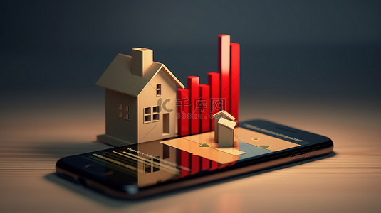 房地产商业背景图片_房地产增长可视化 3D 概念的商业图和手机上的房子