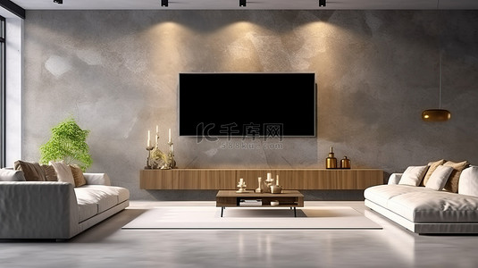 电视样机背景图片_现代豪华混凝土墙上挂着智能电视样机的 3D 渲染