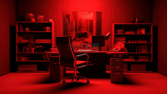 电脑红色背景背景图片_红色背景办公空间的单色 3D 图标，配有办公桌电脑和椅子