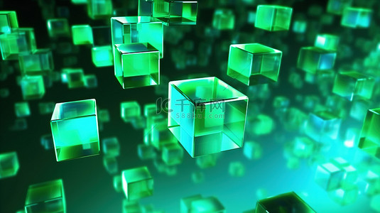 科技公司绿光立方体在霓虹蓝色背景下翱翔的抽象 3D 渲染插图