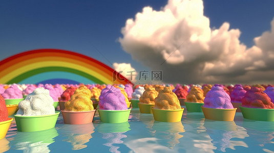 彩虹卡通图案背景图片_彩虹云图案与 3d 渲染的冰淇淋勺