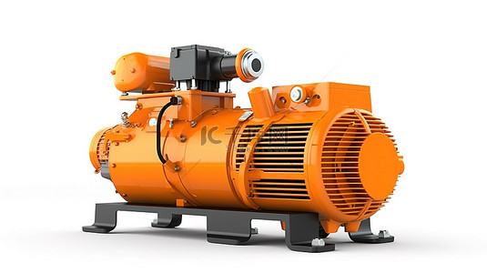 孤立的白色背景橙色卧式空气压缩机的 3d 插图