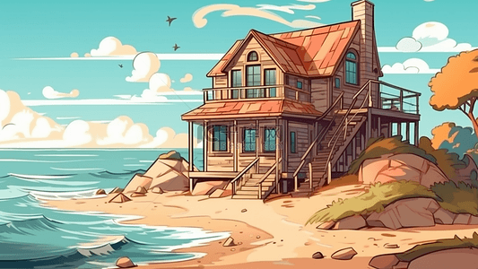 卡通夏日海边背景图片_房子海滩天空插画背景