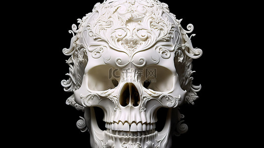 当心 3D 打印的白色头骨，上面装饰着巴洛克风格的装饰和花卉装饰