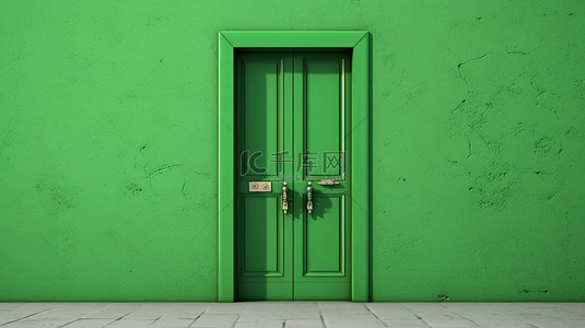 关闭的绿色门的 3d 插图