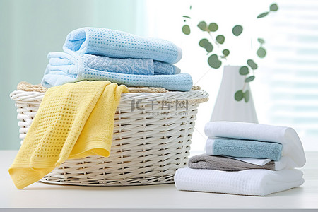 洗衣袋旁边的篮子里放着六块毛巾