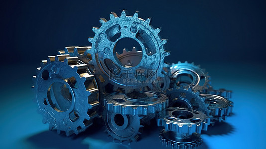蓝色背景 3D 渲染中的齿轮和齿轮机构