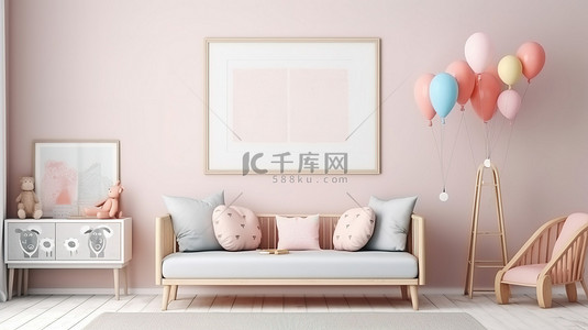 斯堪的纳维亚内饰，儿童房间内配有模拟海报框架，配有粉红色沙发 3D 渲染和插图