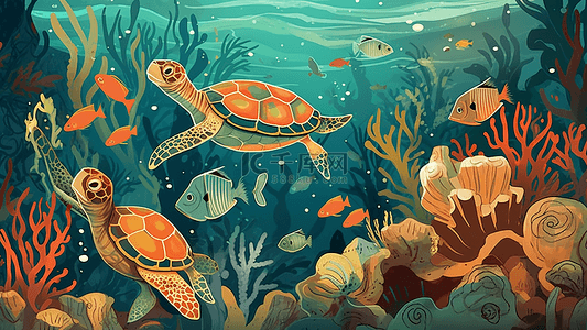 卡通剪纸背景背景图片_海底世界海龟插画背景