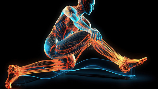 瑜伽人物背景图片_3D 渲染中女性人物抬腿姿势中突出的肌肉