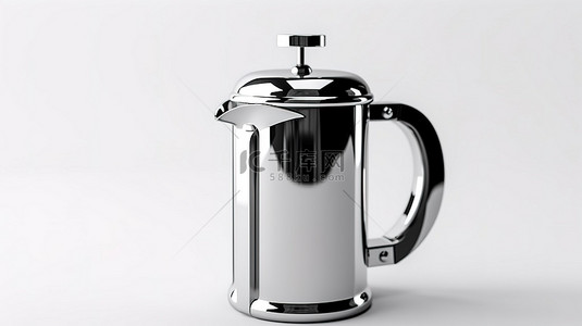 干净的白色背景 3D 渲染上优雅的法式压榨咖啡和茶壶