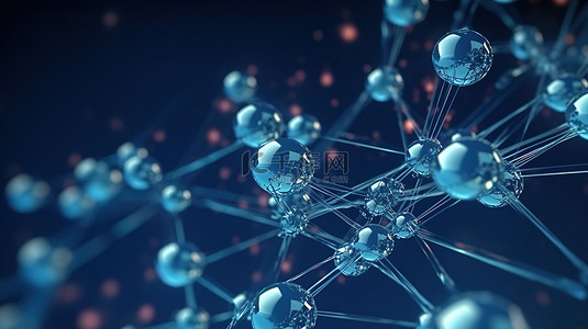 蓝色水分子背景图片_蓝色背景上原子与飞行粒子连接的 3D 渲染