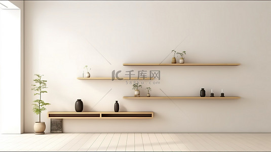日式房间背景图片_简约的日式设计客厅，配有筒灯和 3D 渲染的装饰元素