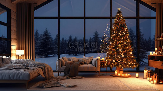 圣诞绿色背景背景图片_斯堪的纳维亚农舍客厅的 3D 插图，配有夜光圣诞树