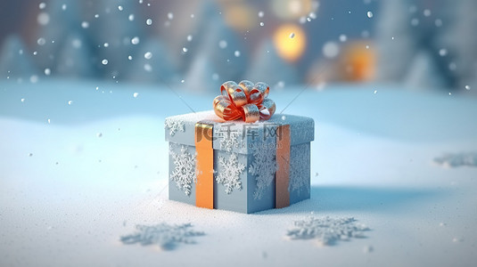 雪地背景下圣诞礼物的 3D 渲染
