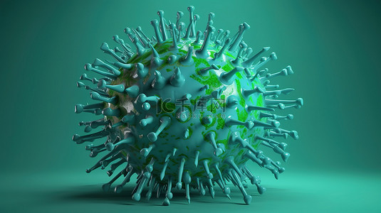 感染新冠病毒背景图片_呈现 3d 绿色病毒的浅蓝色背景