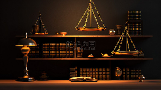 低调过滤法律书架上木制法官木槌和金色秤的 3D 渲染