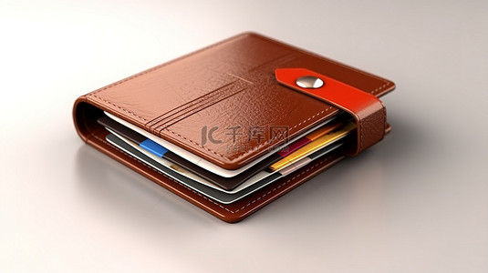 钱包模版背景图片_带银行卡的棕色钱包的金融交易概念 3D 插图