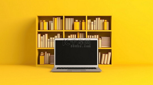 亮黄色背景 3d 渲染上的数字图书馆概念