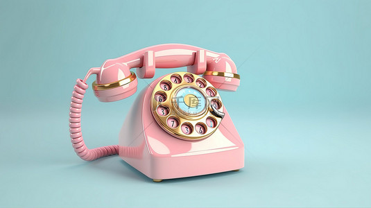 电信蓝色背景背景图片_蓝色背景上老式粉色旋转电话的 3D 渲染