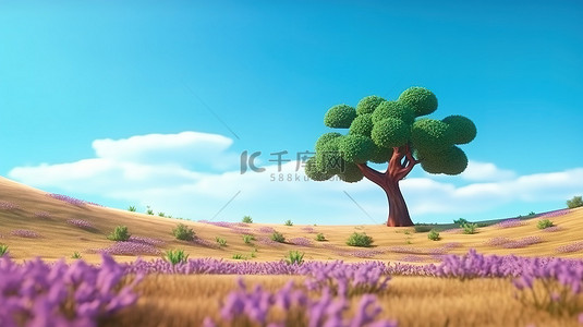 风景秀丽的自然景观，田野中有一棵 3D 插图树