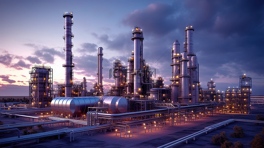 炼油厂化学生产和废物处理厂外部视图的 3D 插图