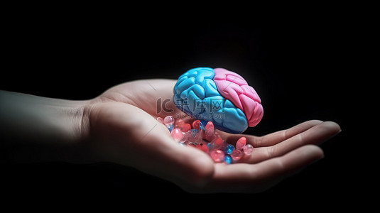 三维大脑模型和手上的淡色药丸
