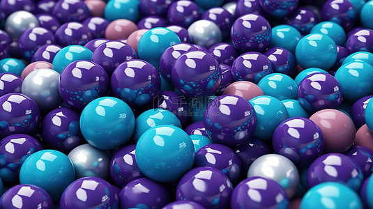 蓝色和紫色球体抽象插图簇的特写 3D 渲染