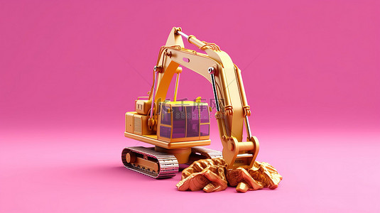 3D 渲染充满活力的粉红色和闪闪发光的金色挖掘机粉红色背景
