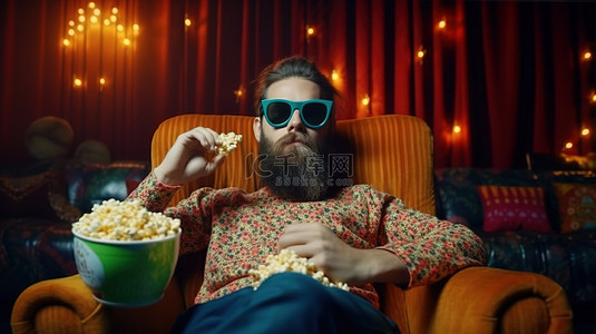 戴眼镜的男人在沙发上享受爆米花的电影之夜