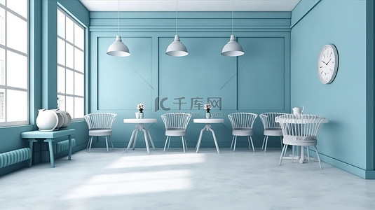 家居背景背景图片_简约的咖啡馆，配有现代家具和平静的柔和蓝色等候区 3D 概念