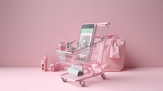 購物袋背景图片_在线购物概念智能手机，屏幕上有 3D 渲染清单和购物篮袋