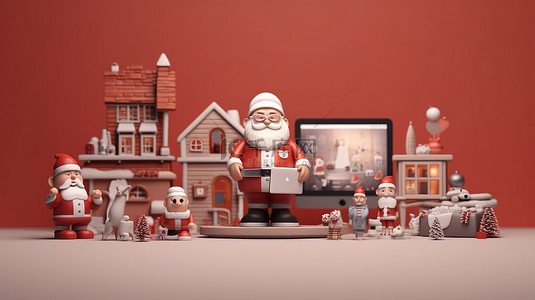虚拟圣诞购物与电话圣诞老人和朋友 3D 渲染图像